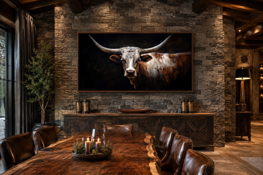 Longhorn bull portrait canvas print with sweeping horns on a dark background in a rustic dining room.
