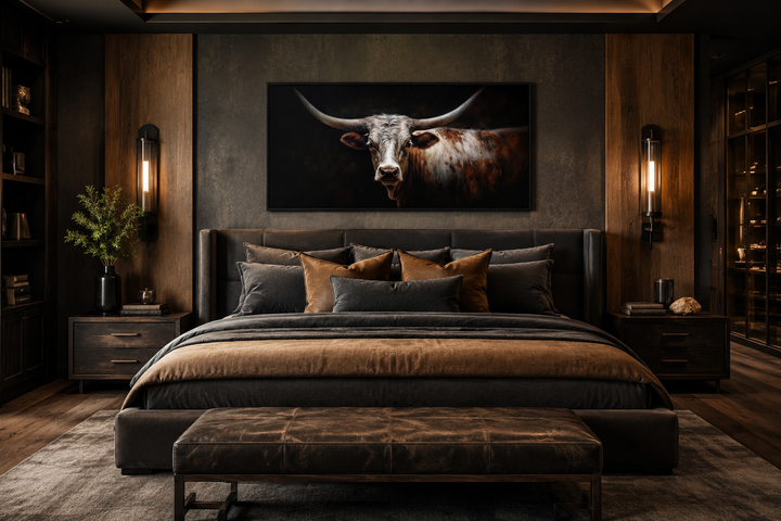 Longhorn bull portrait canvas print with sweeping horns above a bed in a dark, modern bedroom.