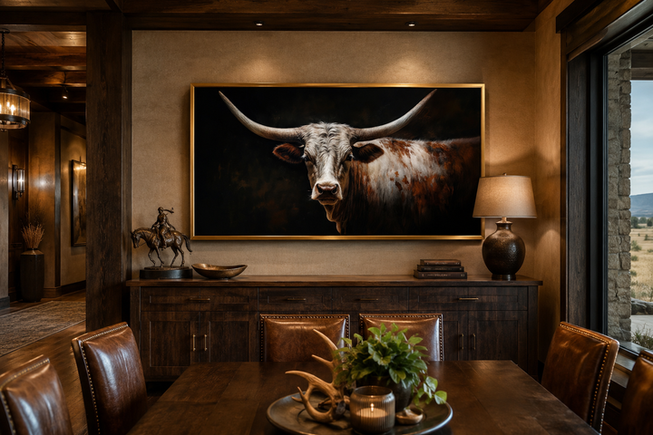 Longhorn bull portrait canvas print with sweeping horns on a dark background in a rustic dining room