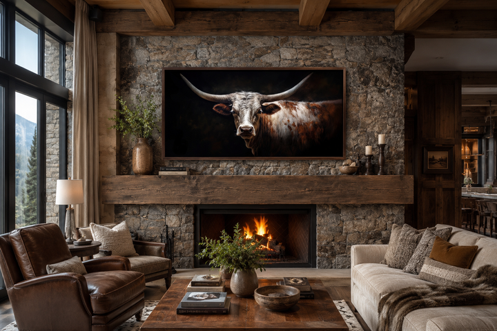 Longhorn bull portrait canvas art with sweeping horns over a stone fireplace in a rustic living room