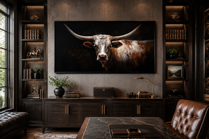 Longhorn bull portrait canvas print with sweeping horns on a dark background in a home office.