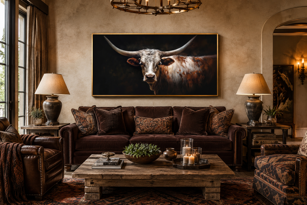 Longhorn bull portrait canvas art with sweeping horns on a dark background in a rustic living room.