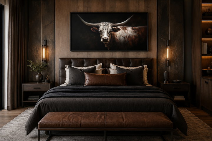 Longhorn bull canvas print with sweeping horns on a dark background above a bed in a moody bedroom.