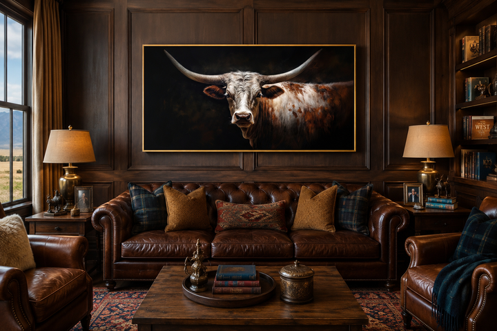 Longhorn bull portrait canvas print with sweeping horns on a dark background in a wood-paneled room.