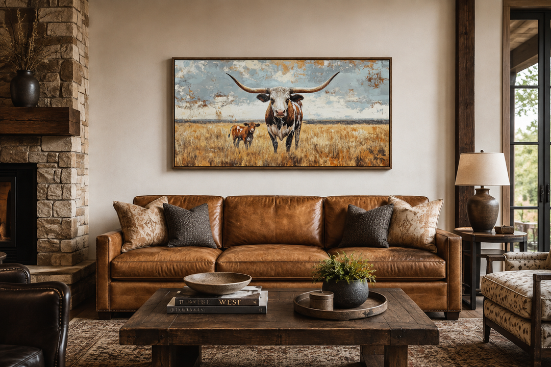 Texas longhorn cow and calf in a golden field framed canvas wall art above a brown leather sofa.