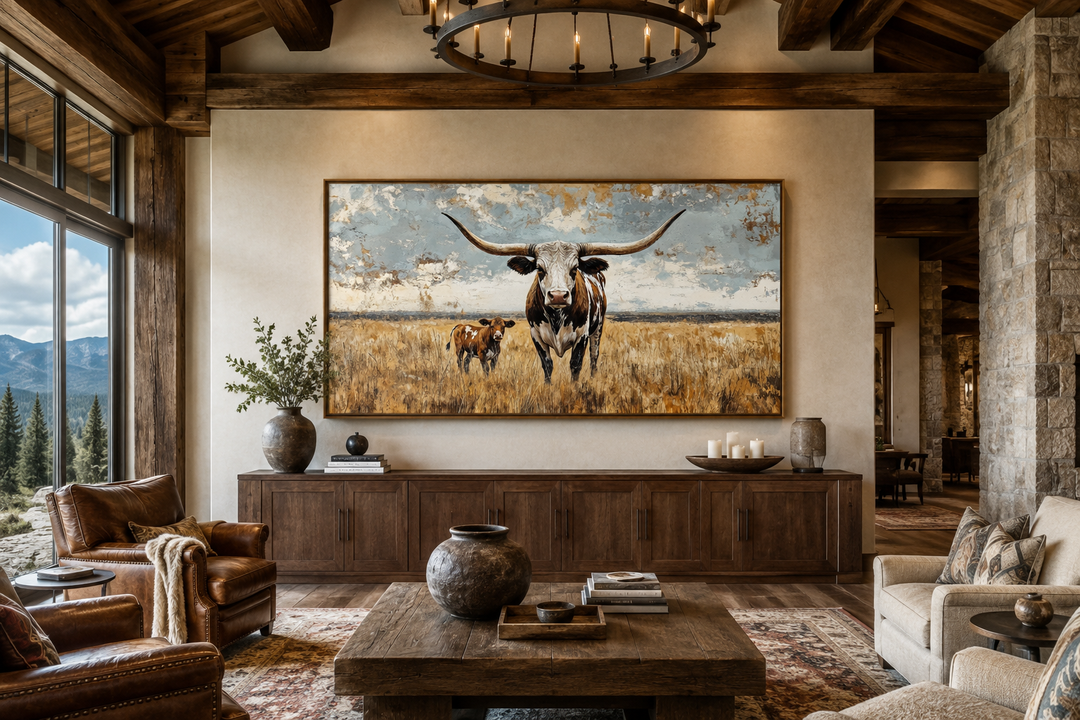 Texas Longhorn cow and calf in a golden field framed canvas wall art in a rustic living room.