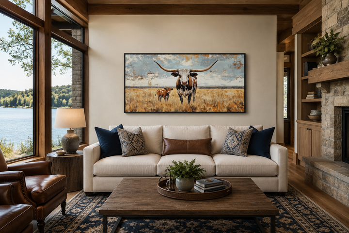 Texas Longhorn cow and calf in a golden field framed canvas wall art above a sofa in a living room.