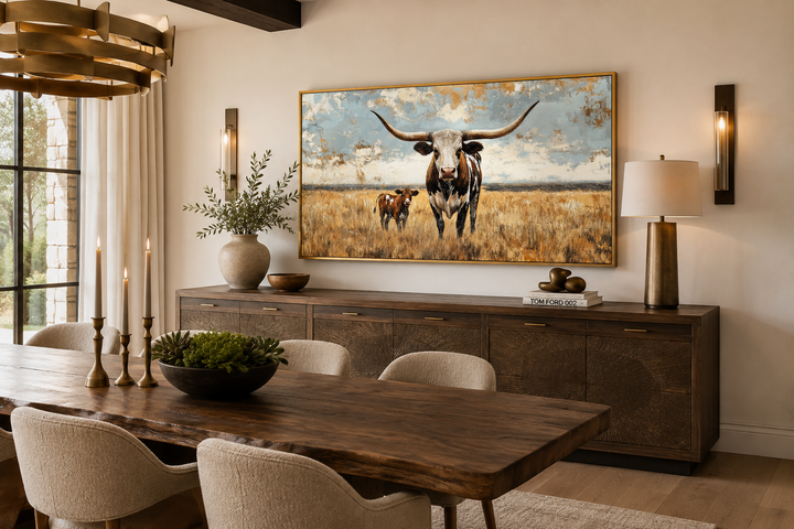 Framed canvas wall art of a Texas longhorn cow and calf in a golden field under a soft blue sky.