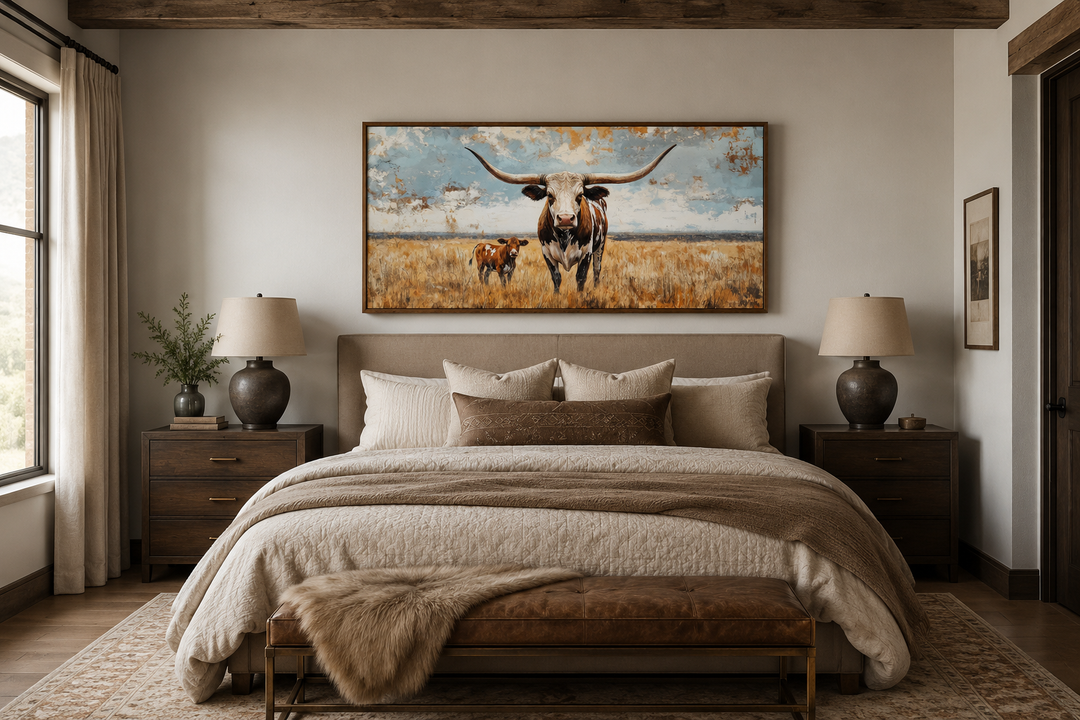 Framed canvas wall art of a Texas longhorn cow and calf in a golden field above a bed.
