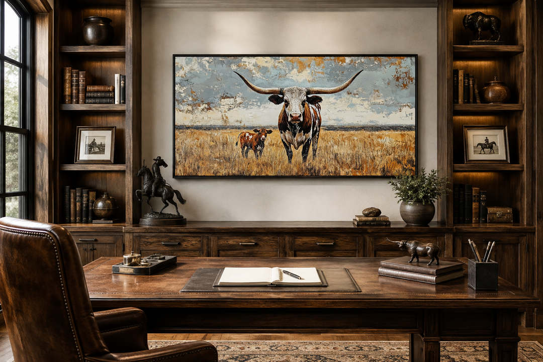 Texas longhorn cow and calf in a golden field framed canvas wall art above a rustic wooden desk.