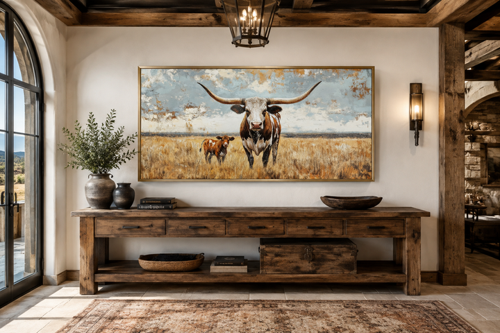 Framed canvas wall art of a Texas longhorn cow and calf in a golden field under a cloudy sky.