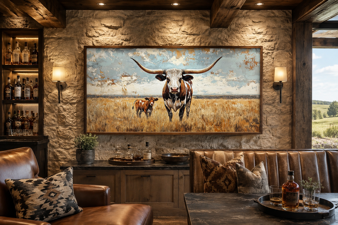 Framed canvas wall art of a Texas longhorn cow and calf in a golden field on a stone wall.
