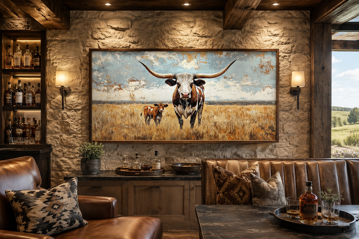 Framed canvas wall art of a Texas longhorn cow and calf in a golden field on a stone wall.