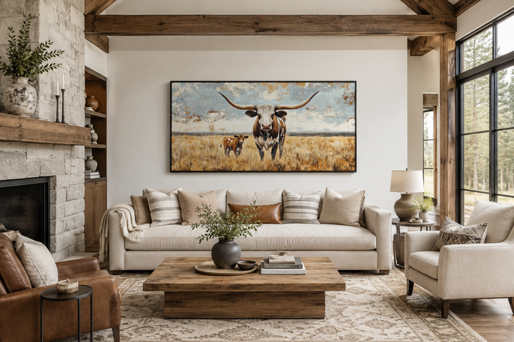 Framed canvas wall art of a Texas longhorn cow and calf in a golden field above a living room sofa.