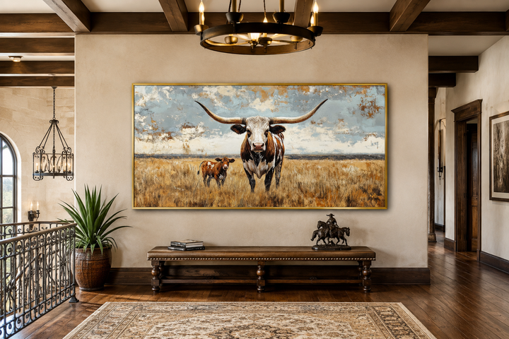 Texas longhorn cow and calf in a golden field framed canvas wall art in a rustic hallway.