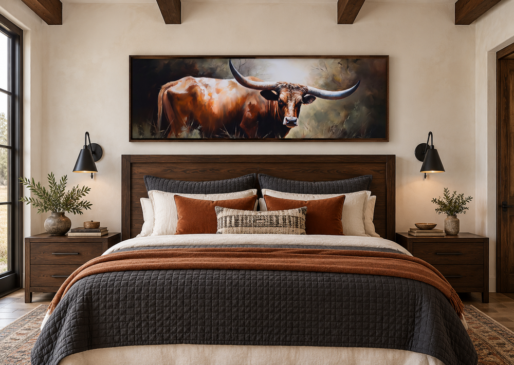 Panoramic framed canvas wall art of a Texas Longhorn steer hanging above a dark wood bed.