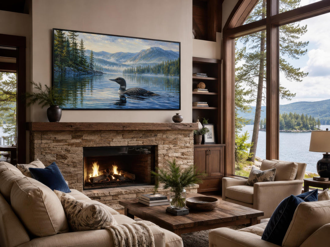 Loon wall art canvas of a common loon on a misty lake above a stone fireplace in a rustic living room