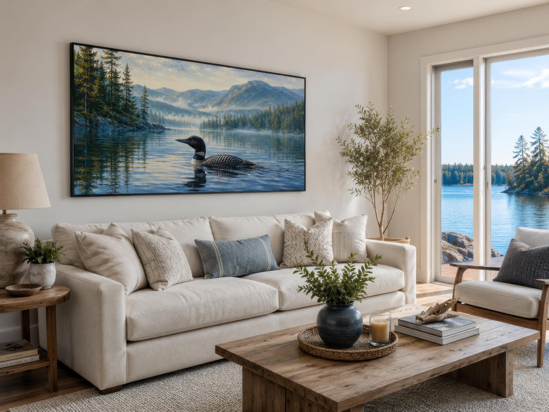Loon wall art canvas of a common loon on a misty lake, hanging above a sofa in a living room.