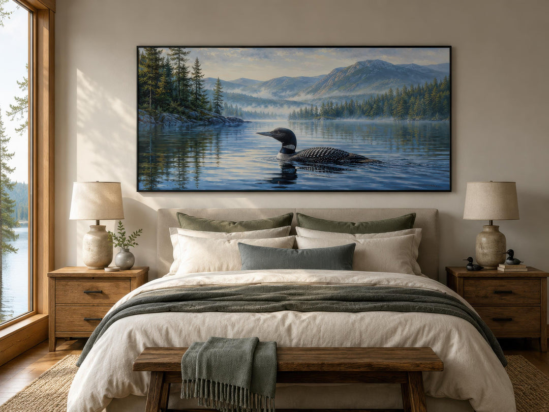 Loon wall art canvas of a common loon on a misty lake with mountains above a bed in a bedroom.