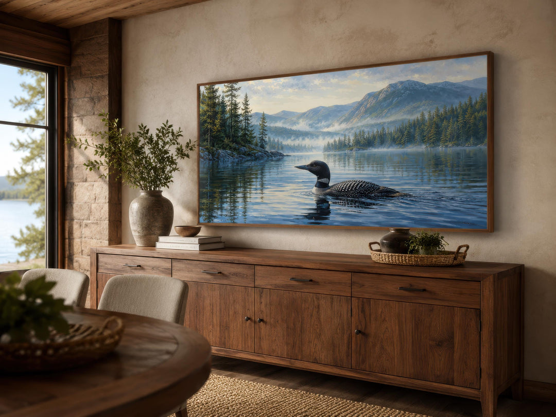 Misty lake canvas wall art featuring a common loon swimming with mountains in the background.
