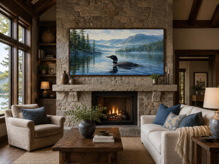 Misty lake canvas wall art with a common loon above a stone fireplace in a rustic living room.