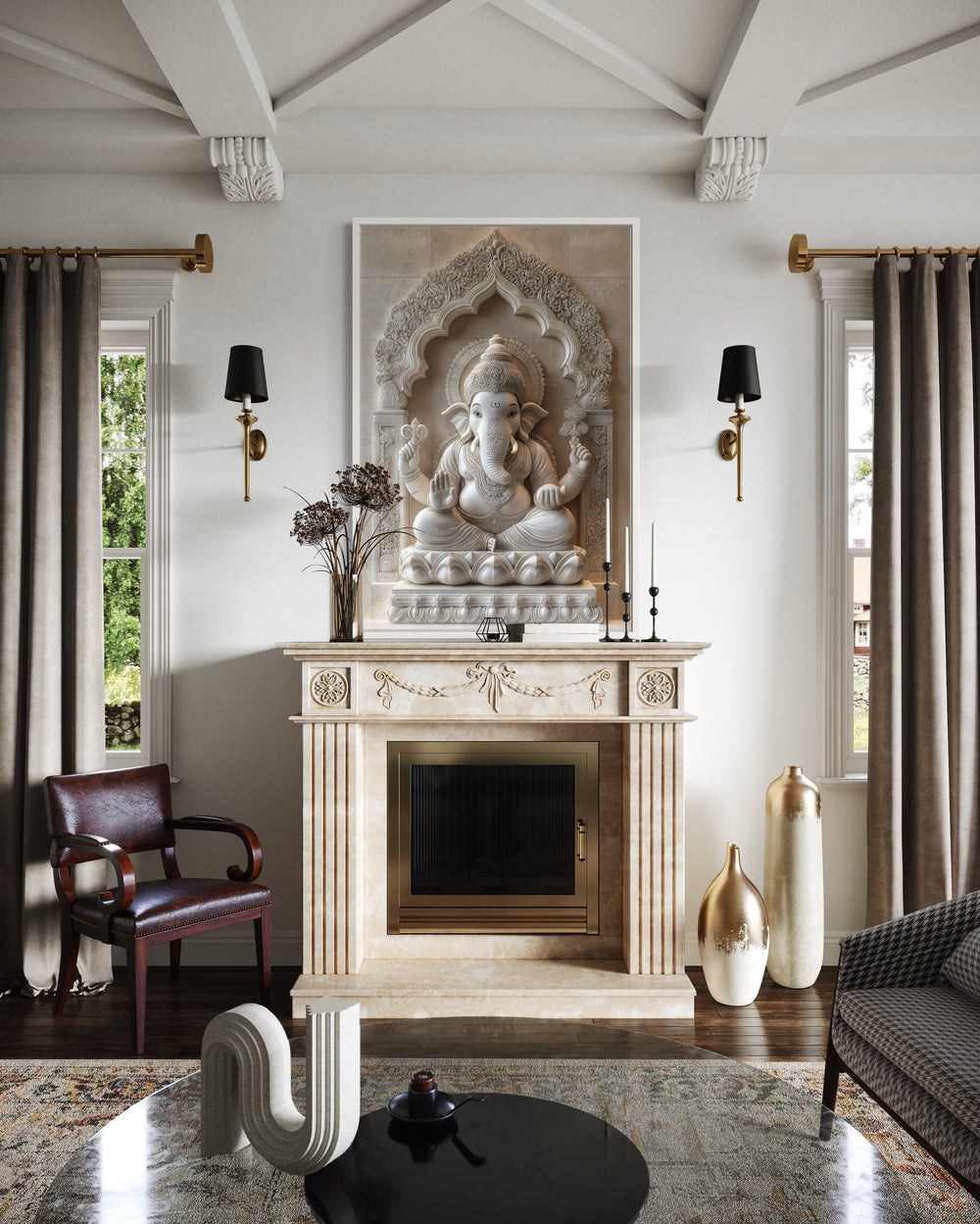 Framed canvas wall art of a white Lord Ganesh sculpture above a fireplace in a neutral living room.