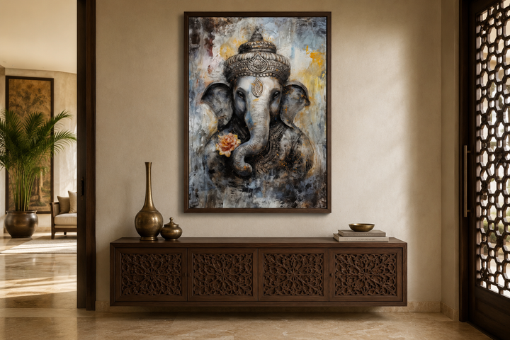 Lord Ganesha modern abstract framed canvas wall art above a carved wooden console table.