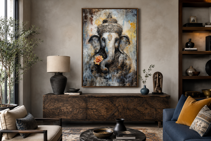 Lord Ganesha modern abstract framed canvas wall art in a contemporary living room setting.