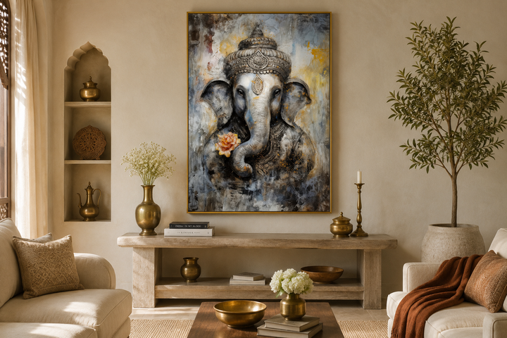 Lord Ganesha modern abstract framed canvas wall art in a neutral-toned living room setting.