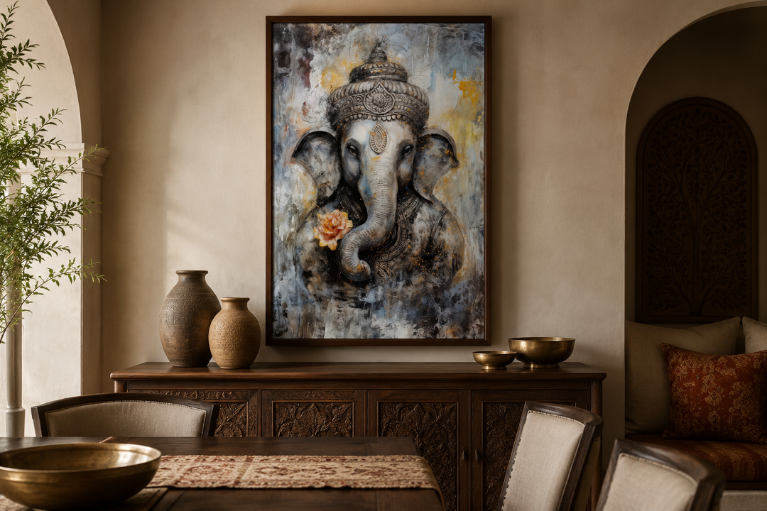 Lord Ganesha modern abstract framed canvas wall art in a neutral-toned living room setting.