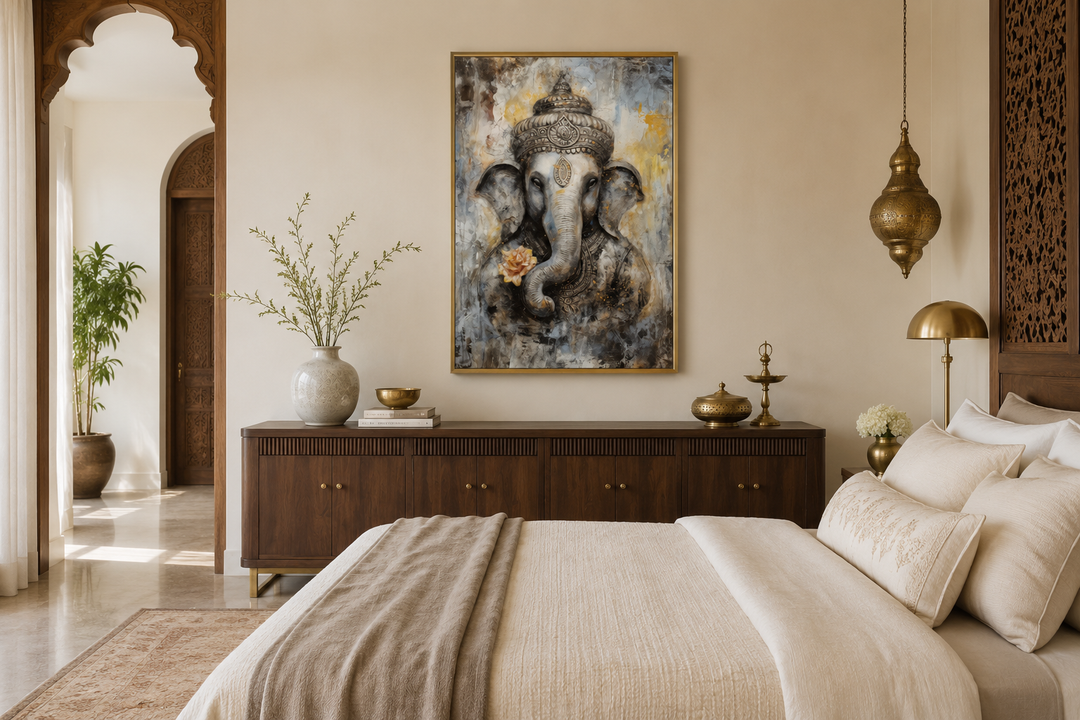 Lord Ganesha modern abstract framed canvas wall art in a serene, contemporary bedroom setting.