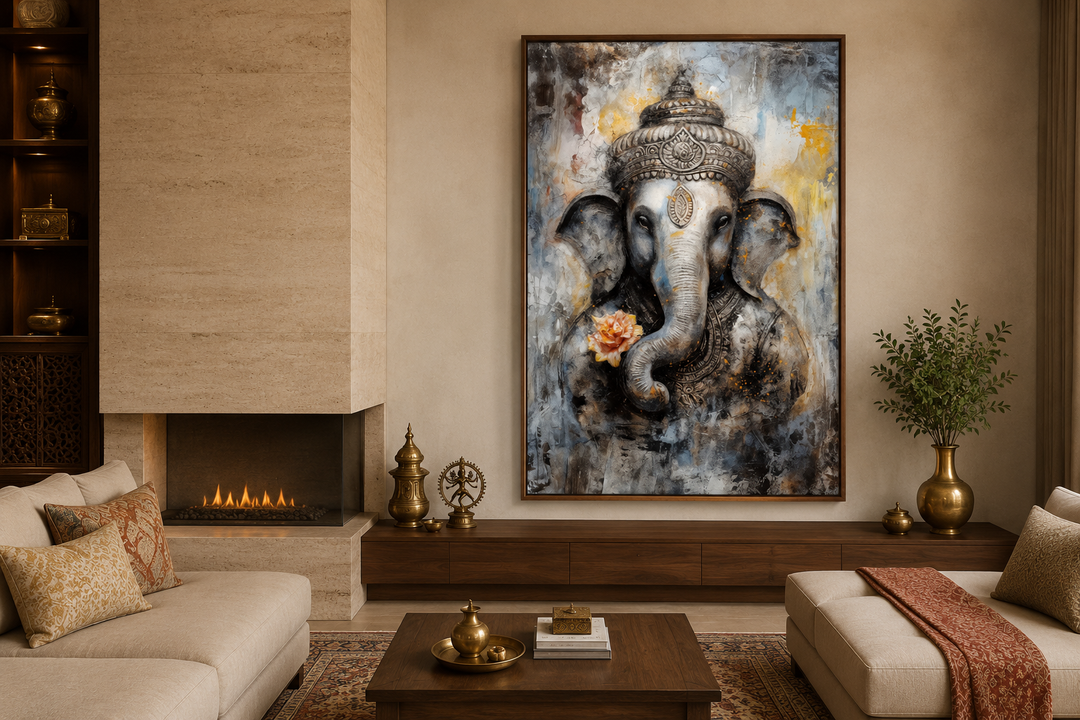 Lord Ganesha modern abstract framed canvas wall art in a contemporary living room setting.