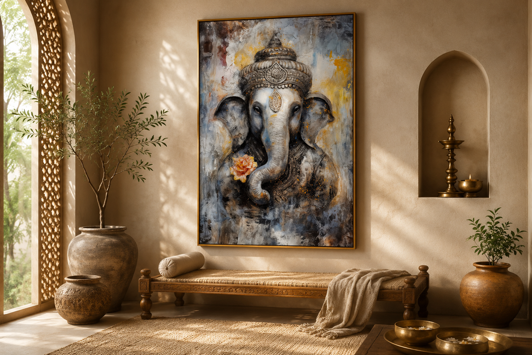 Lord Ganesha modern abstract framed canvas wall art in a serene, neutral-toned room setting.