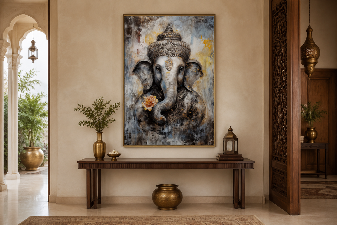 Lord Ganesha modern abstract framed canvas wall art in a neutral-toned interior setting.