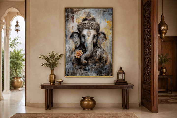 Lord Ganesha modern abstract framed canvas wall art in a neutral-toned interior setting.