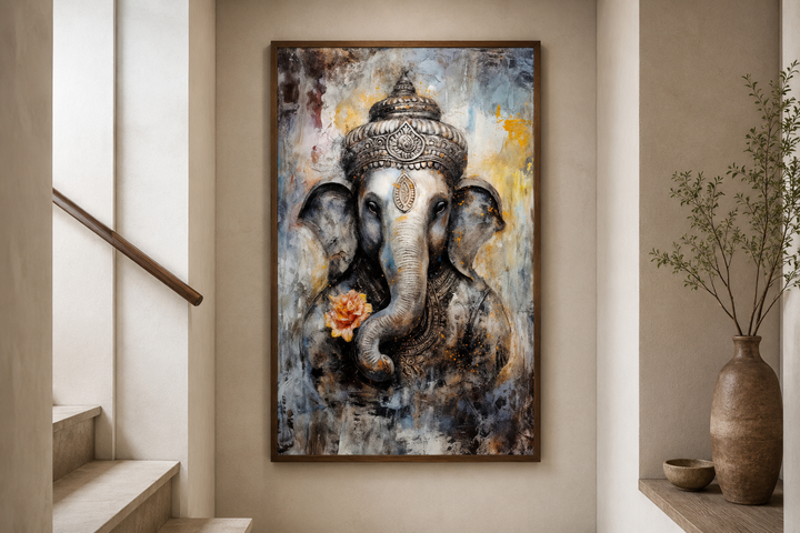 Lord Ganesha modern abstract framed canvas wall art in a neutral-toned interior staircase setting.