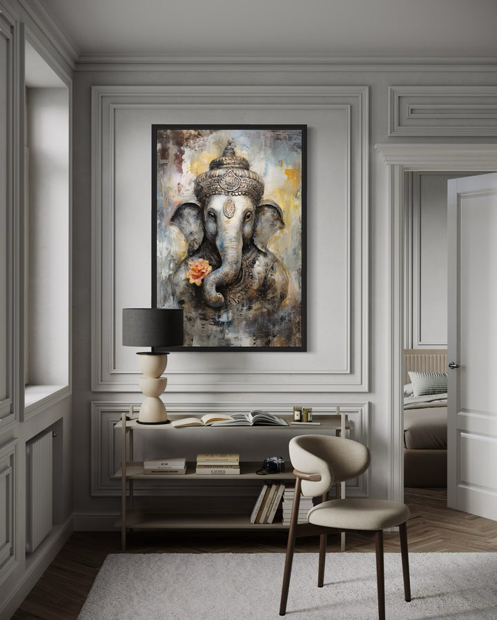 Lord Ganesha modern abstract framed canvas wall art in a neutral-toned contemporary room.