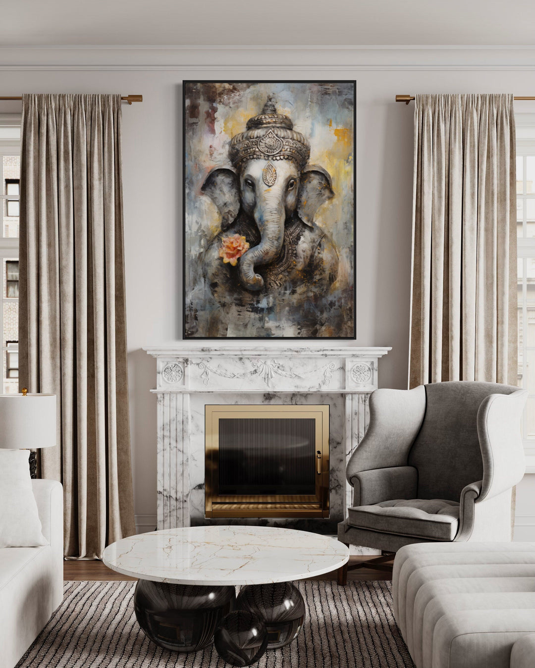 Lord Ganesha modern abstract framed canvas wall art hanging above a marble fireplace in a living room