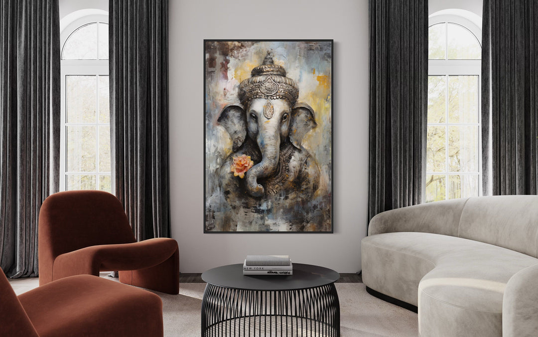 Lord Ganesha modern abstract Indian framed canvas wall art in a contemporary living room setting.