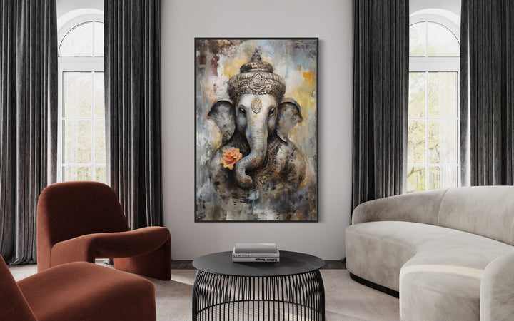 Lord Ganesha modern abstract Indian framed canvas wall art in a contemporary living room setting.