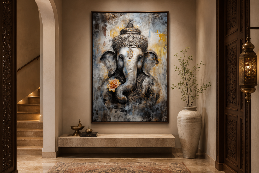 Lord Ganesha modern abstract framed canvas wall art in a neutral-toned hallway with a large vase.