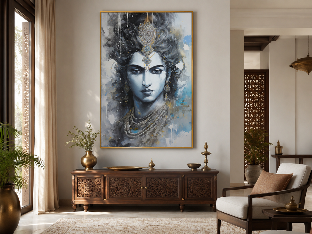 Lord Krishna abstract painting in blue and grey tones, framed on a wall above a wooden console.