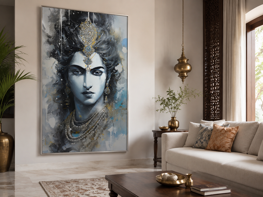 Modern abstract Lord Krishna framed canvas wall art in a contemporary living room setting.