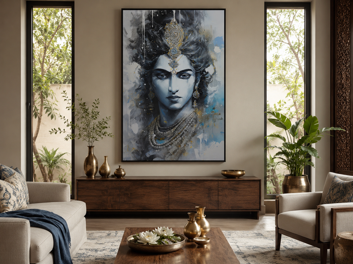 Modern abstract Lord Krishna canvas wall art in a blue and gray palette above a wooden sideboard.