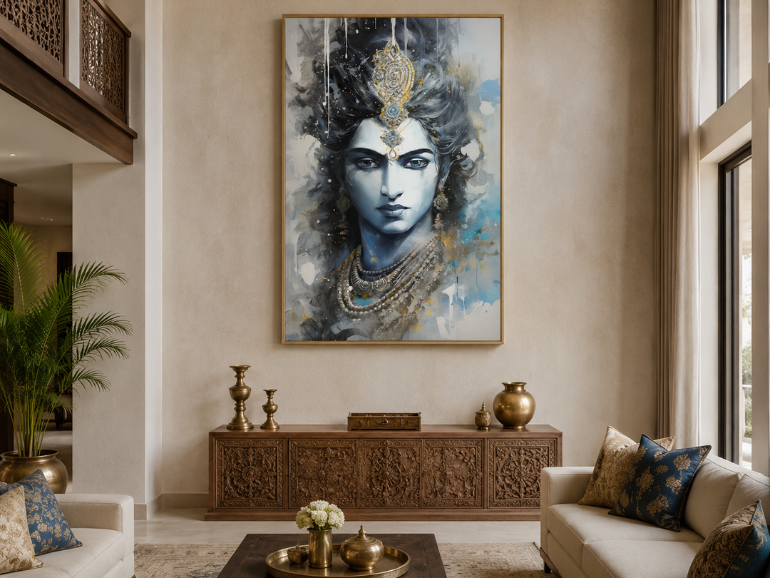 Modern abstract Lord Krishna framed canvas wall art in a serene living room setting.