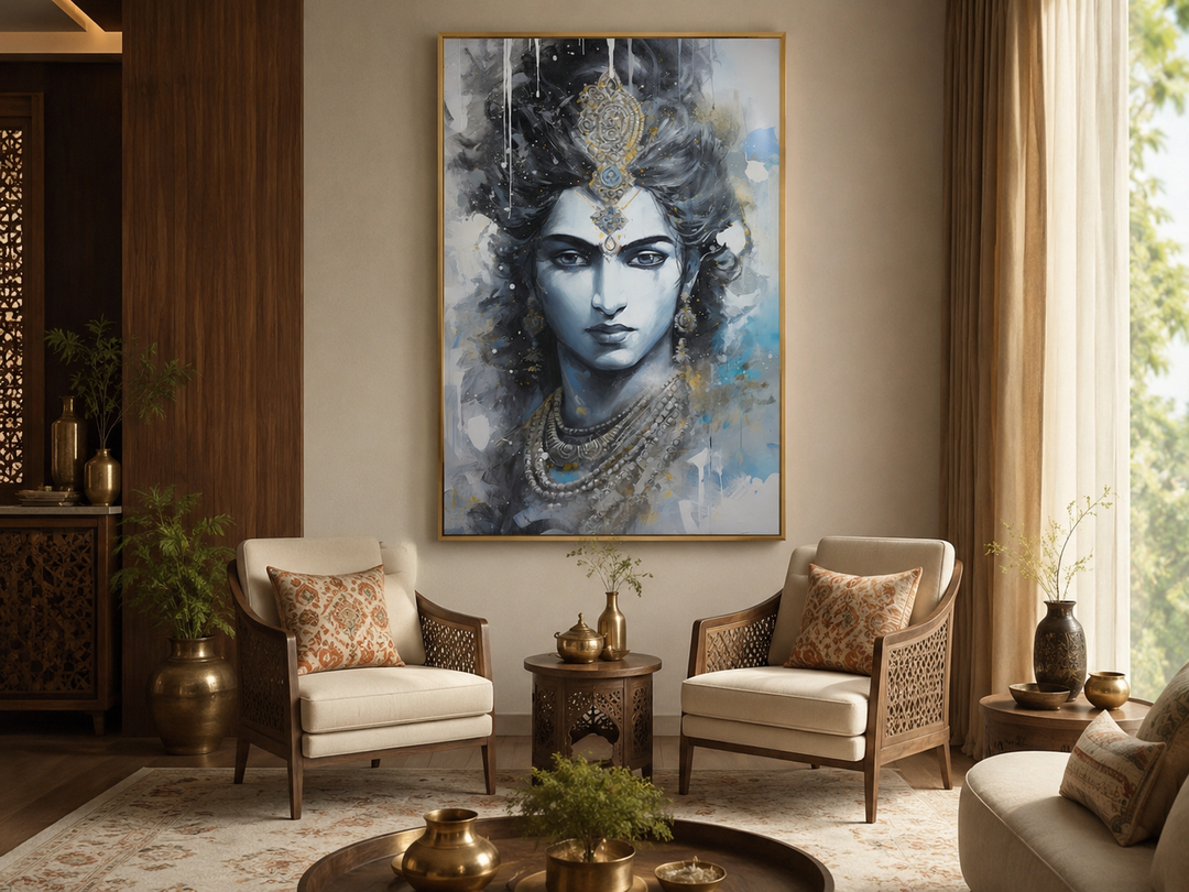 Lord Krishna abstract framed canvas wall art in a modern living room with blue and gray tones.