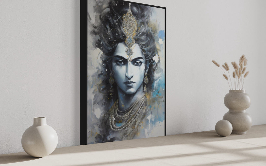 Lord Krishna Abstract Painting Modern Indian Framed Canvas Wall Art