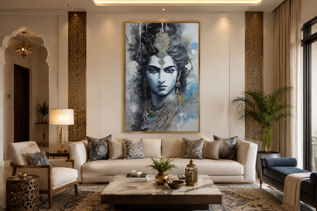 Large framed abstract canvas painting of Lord Krishna in a modern living room setting.