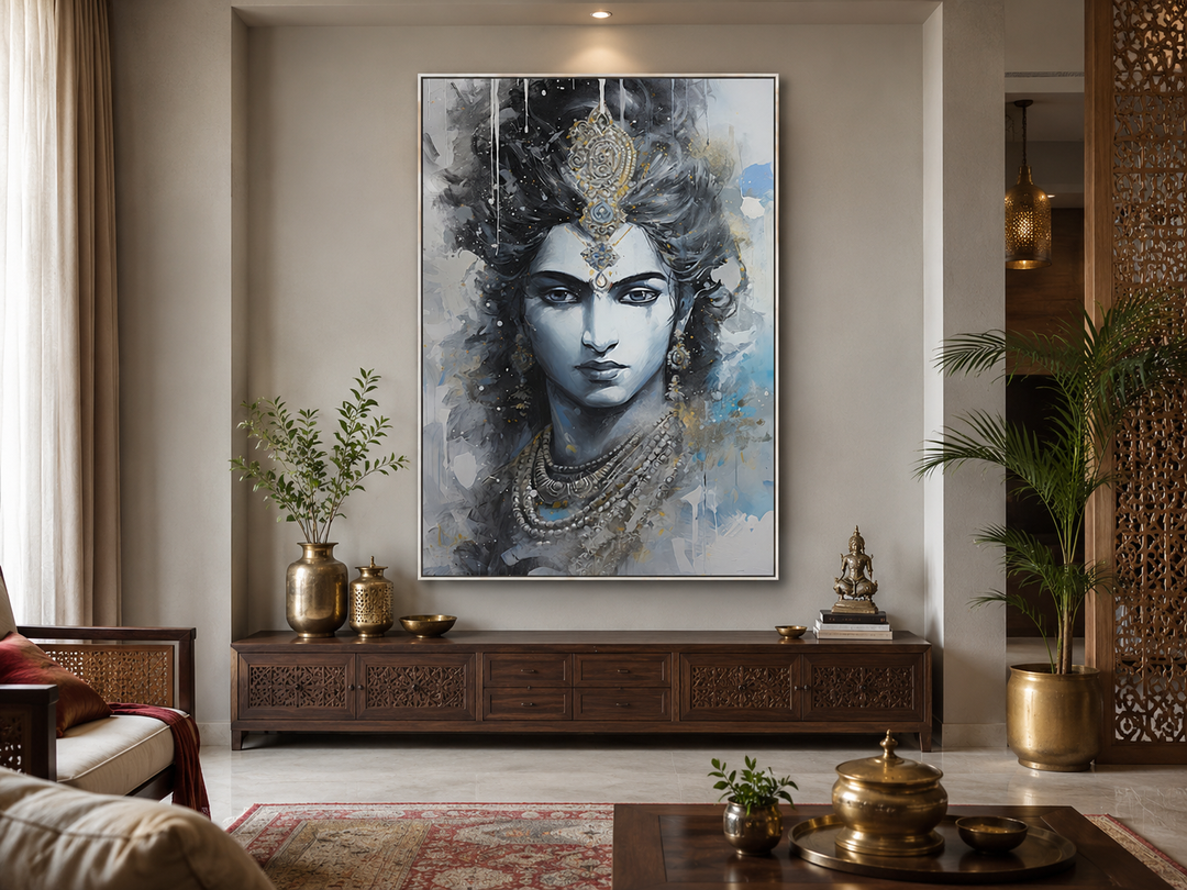 Modern Lord Krishna abstract framed canvas wall art in a serene living room setting.