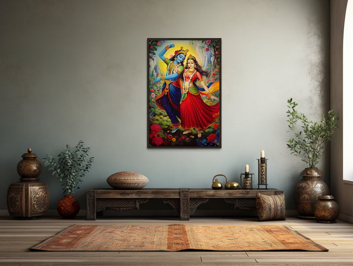 Framed canvas wall art of Lord Krishna and Radha dancing in a vibrant, traditional Indian style.